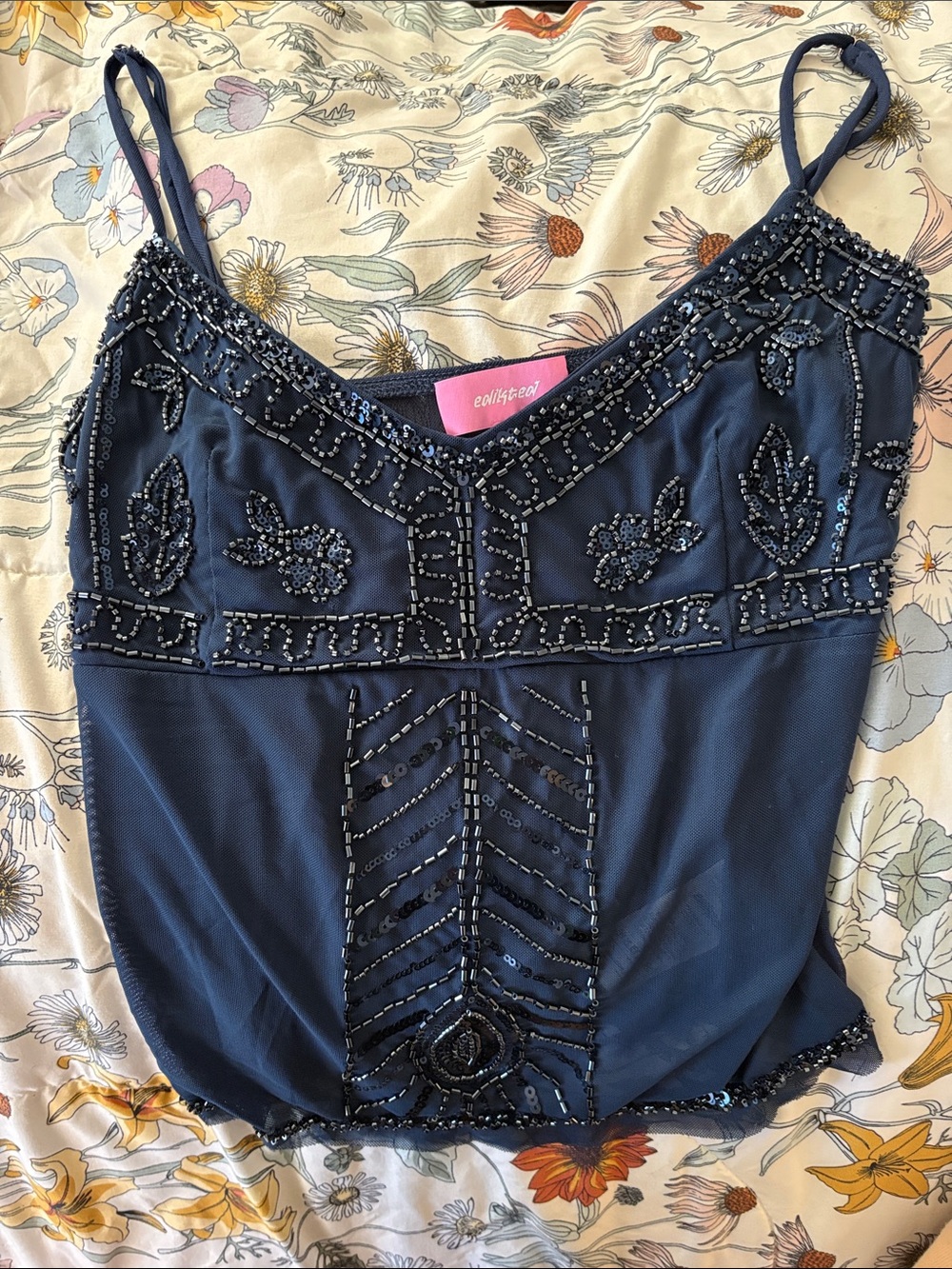 Edikted Navy Beaded Spaghetti-Strap Camisole